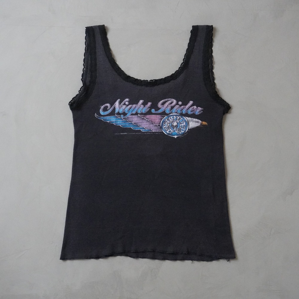 Vintage 3D Emblem Night Rider Tank Top Medium Womens 90s Black Lace Biker
